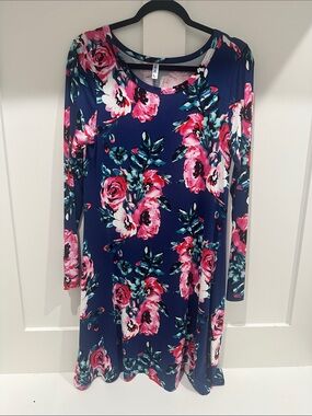 Navy Floral Midi Dress with Pink Rose Print